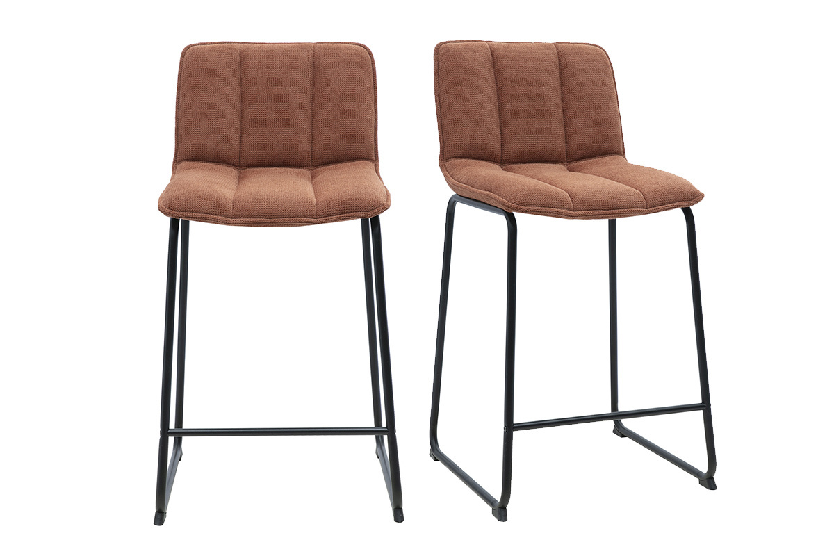 Lot de 2 tabourets de bar en tissu chenille terre br�l�e et m�tal noir, vue de face