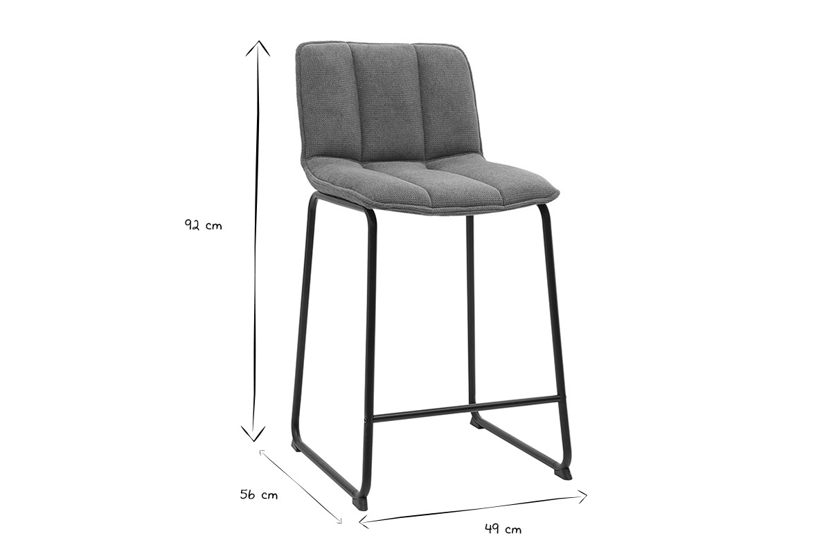 Dimensions des tabourets de bar en noir et blanc : H92 cm, L49 cm, P56 cm, hauteur d'assise 65,6 cm.