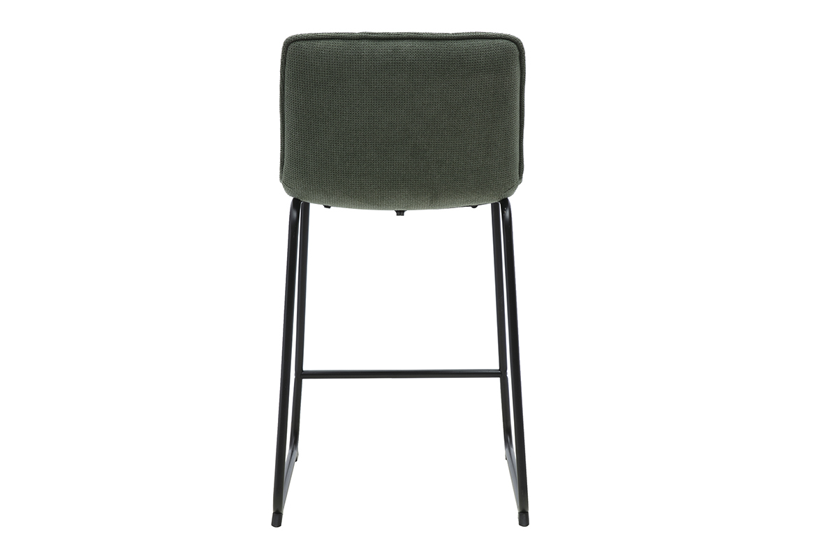 Tabouret de bar vert kaki en tissu avec pi�tement en m�tal noir, vue arri�re.