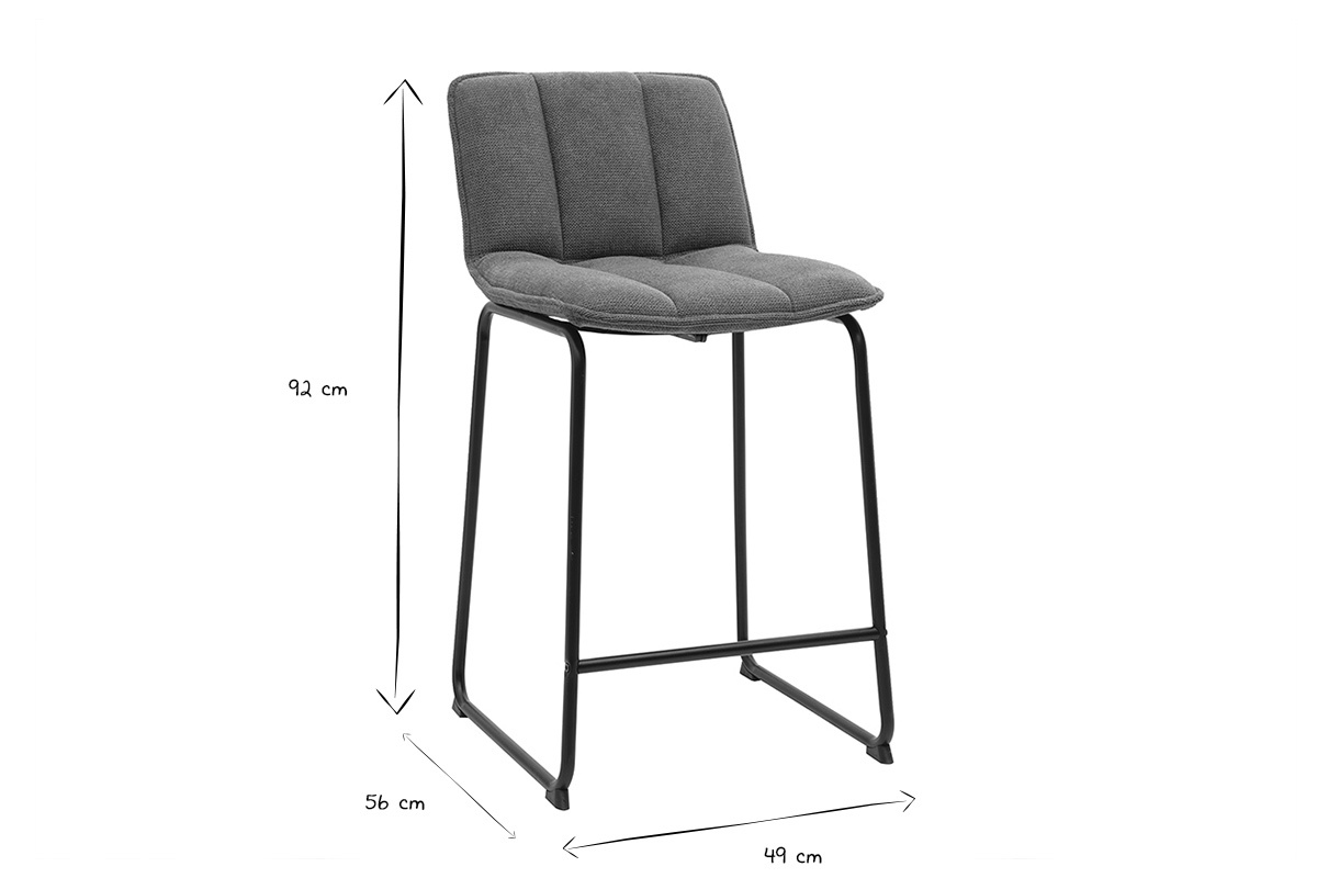 Dimensions des tabourets de bar VISTO en noir et blanc : H92 cm, L49 cm, P56 cm.