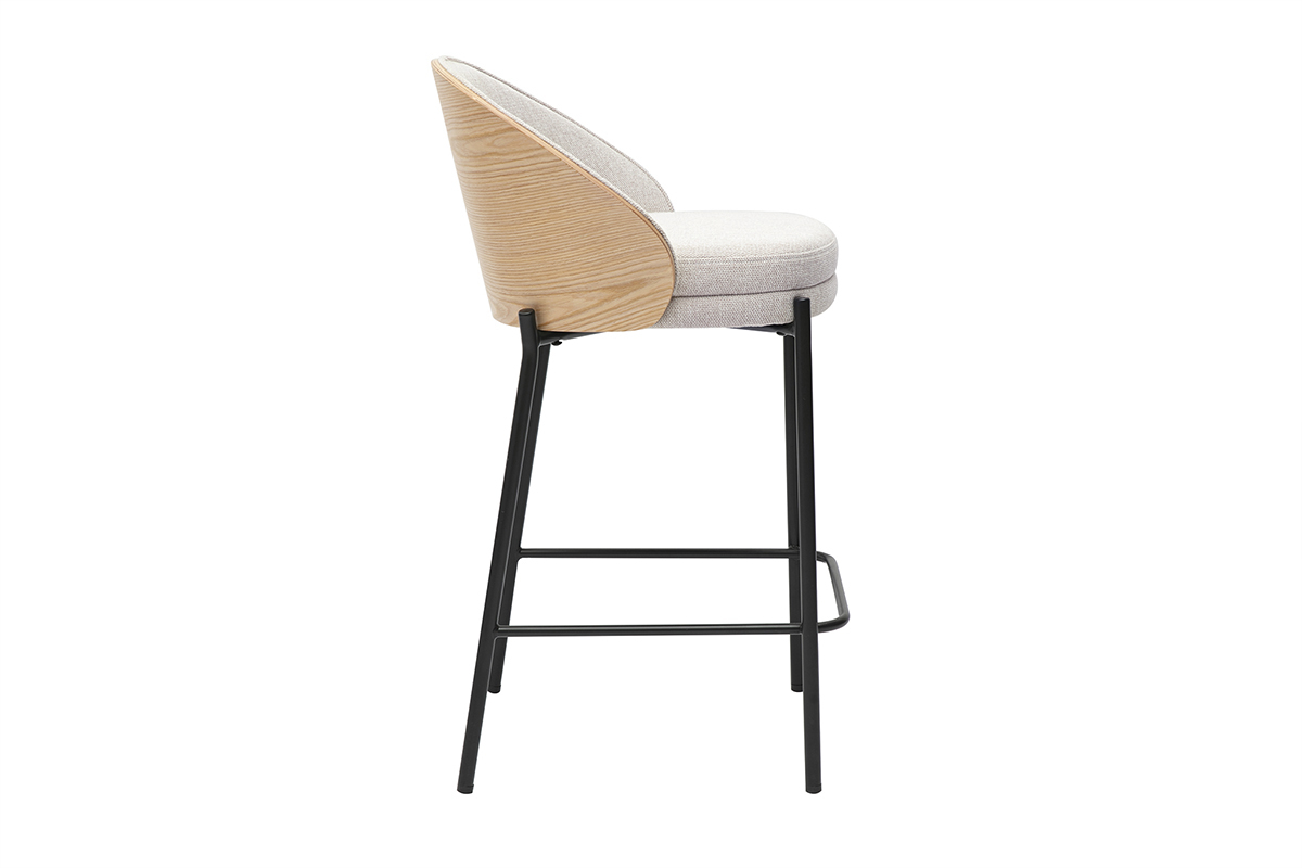 Tabouret de bar TUCSON, profil, tissu beige, bois clair, m�tal noir.