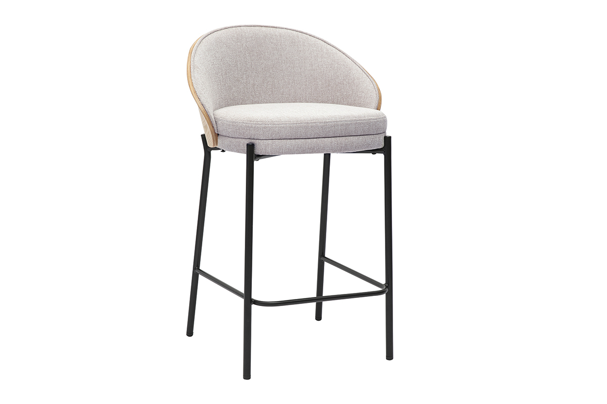 Tabouret de bar beige avec dossier bois clair et pieds en m�tal noir, vue de 3/4.