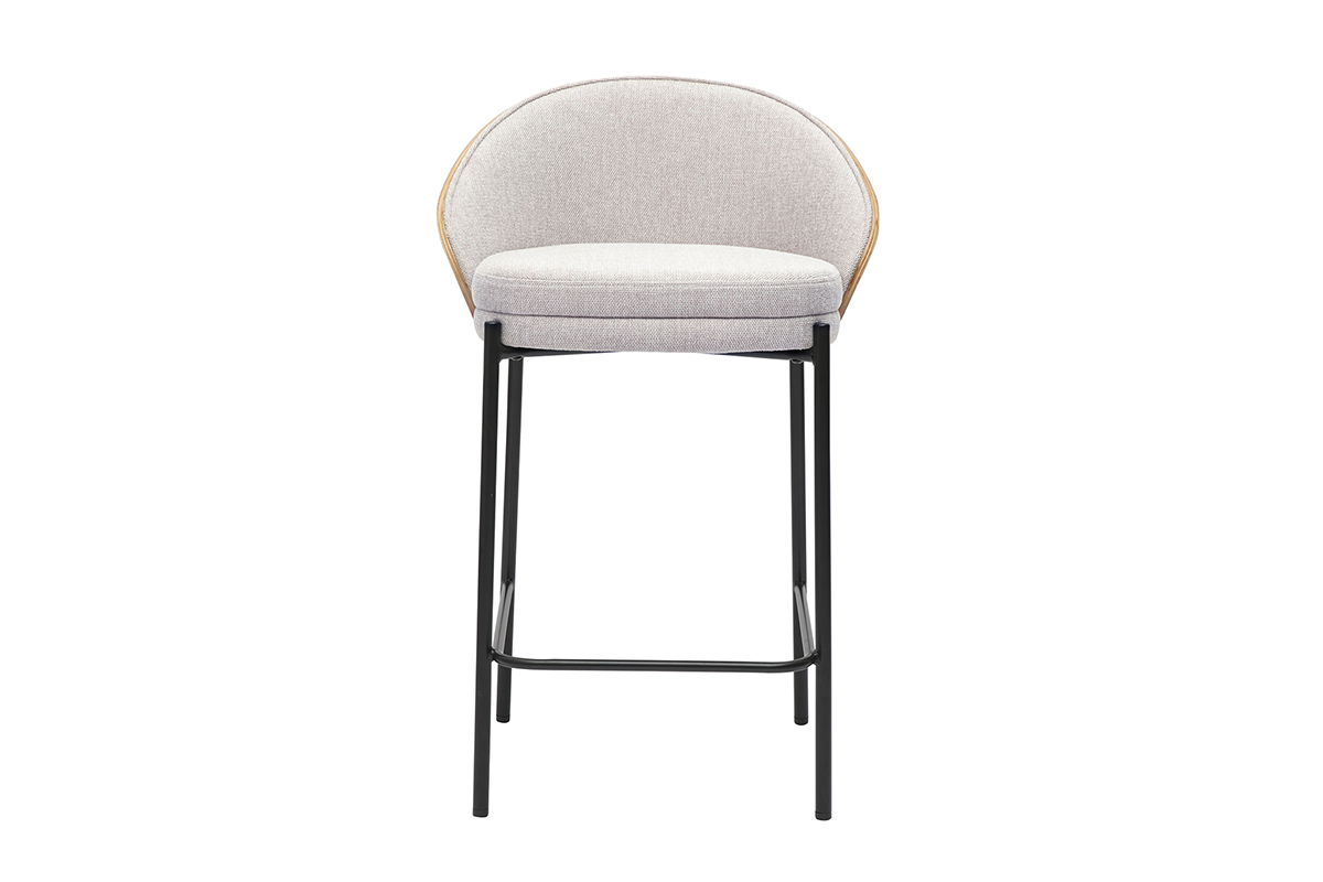 Tabouret de bar beige, tissu effet velours, bois clair, m�tal noir, vue de face.