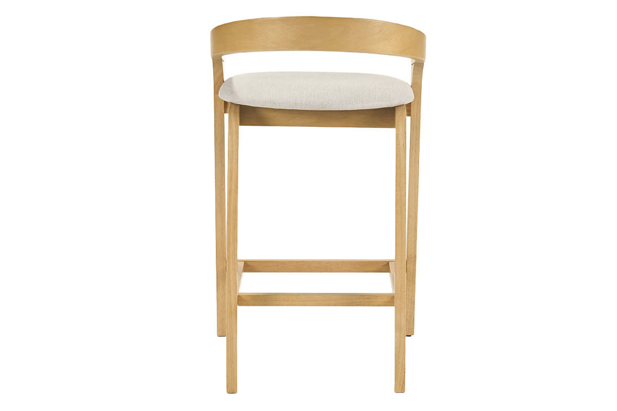 Tabouret de bar en bois clair avec assise en tissu beige, vue de dos.