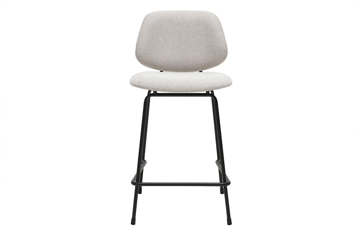 Tabouret de bar beige en tissu effet velours, structure mtal noir, vue de face.