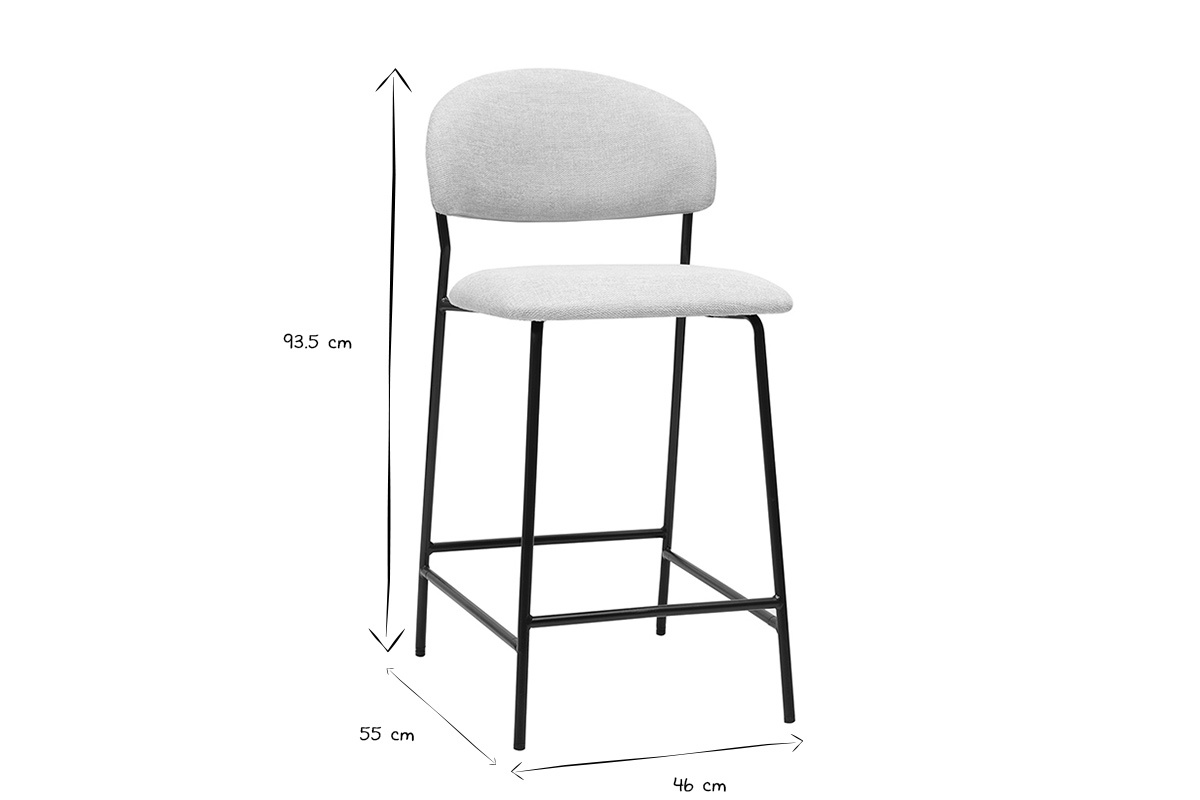 Dimensions d'un tabouret de bar BENTA en noir et blanc : 93,5 cm hauteur, 55 cm profondeur, 46 cm largeur.
