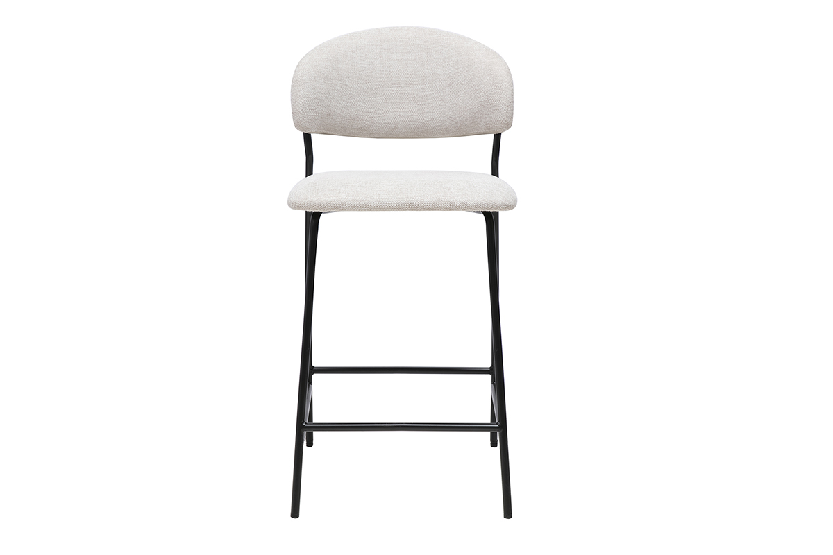 Tabouret de bar en tissu beige, vue de face, structure en m�tal noir.