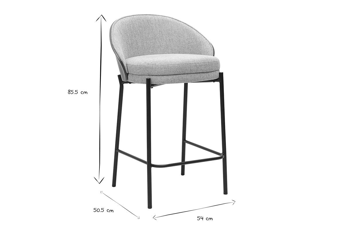 Dimensions du tabouret de bar, hauteur 85,5 cm, largeur 54 cm, profondeur 50,5 cm, noir et blanc.