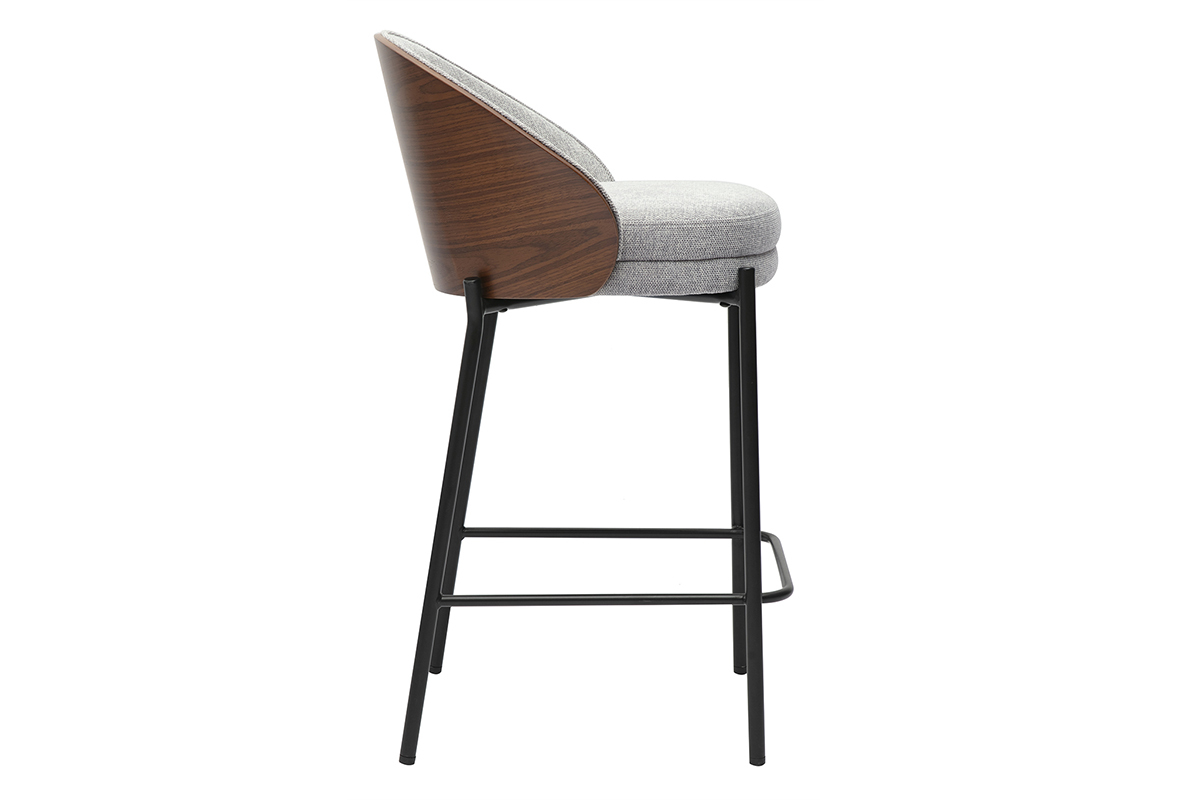Tabouret de bar gris avec dossier bois fonc� et structure m�tal, vue de c�t�.