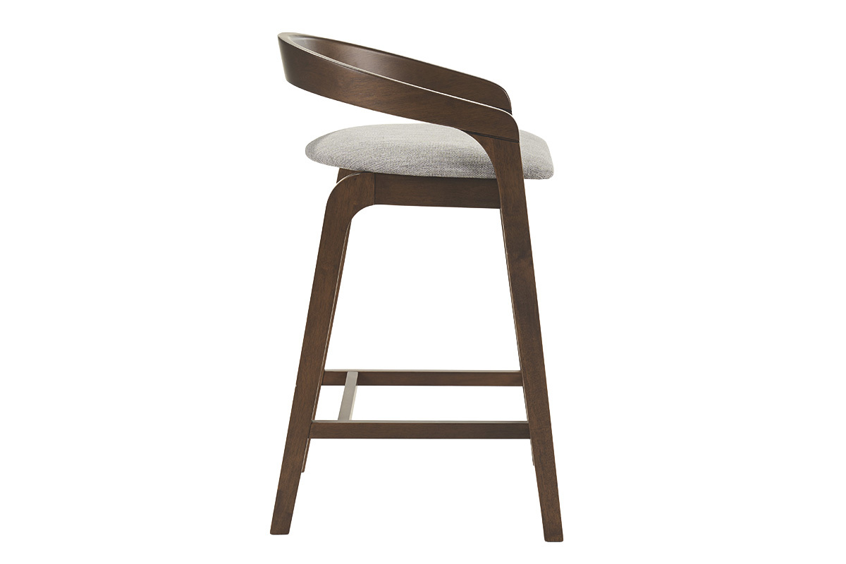 Tabouret de bar gris avec dossier en bois fonc�, vue de profil.