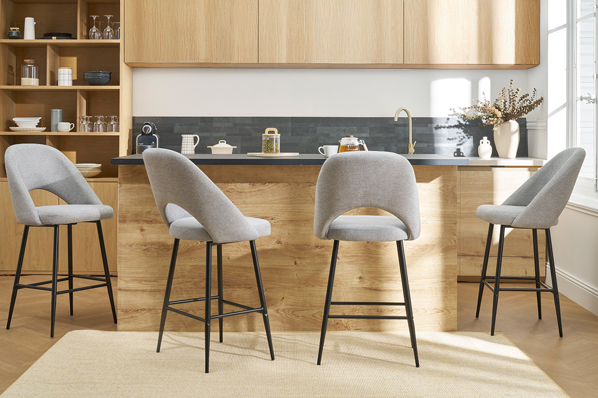 Tabourets de bar en tissu effet velours textur gris H65 cm (lot de 2) COSETTE