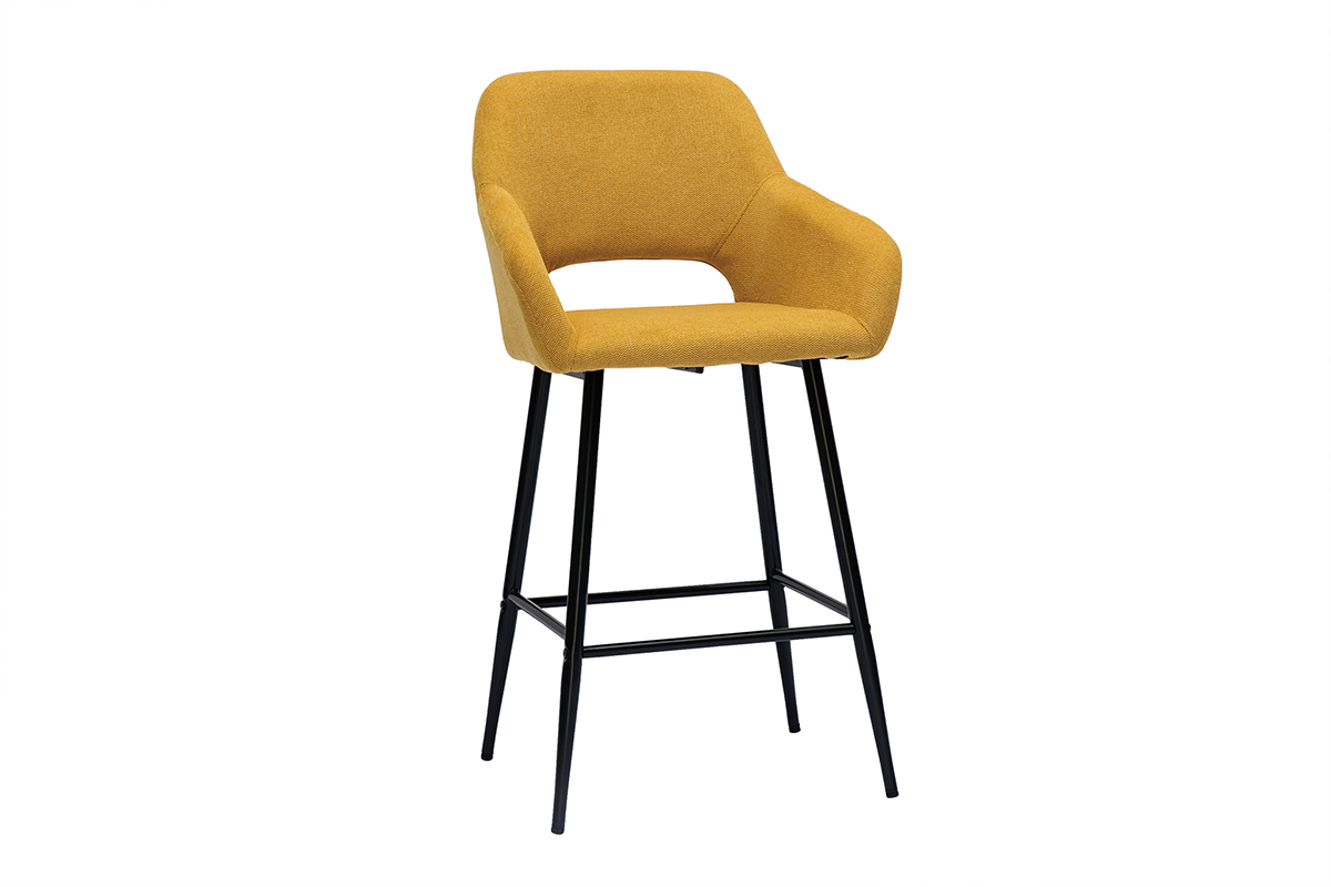 Tabourets de bar en tissu effet velours textur� jaune moutarde et m�tal H65 cm (lot de 2) LAURETTE