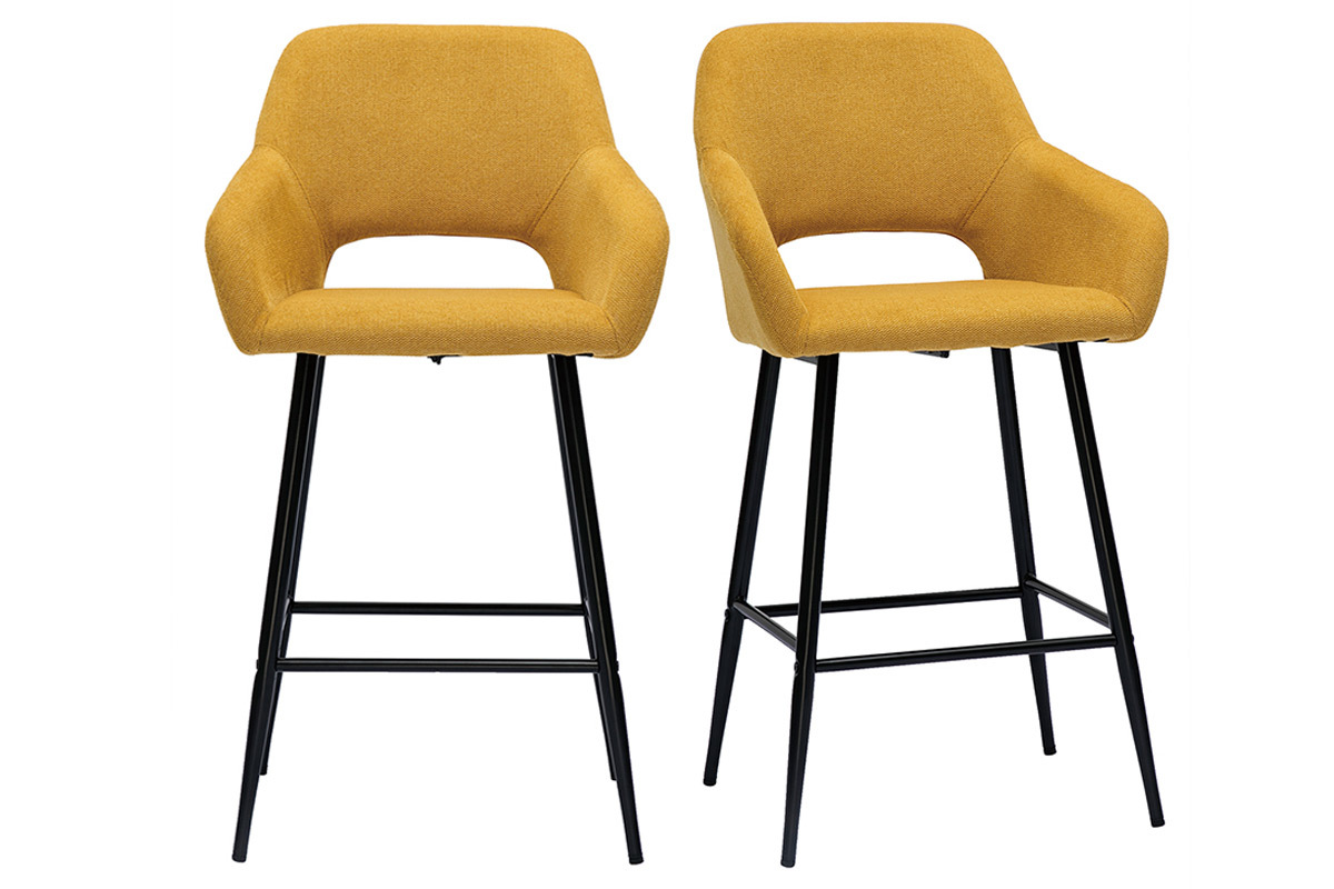 Tabourets de bar en tissu effet velours textur� jaune moutarde et m�tal H65 cm (lot de 2) LAURETTE
