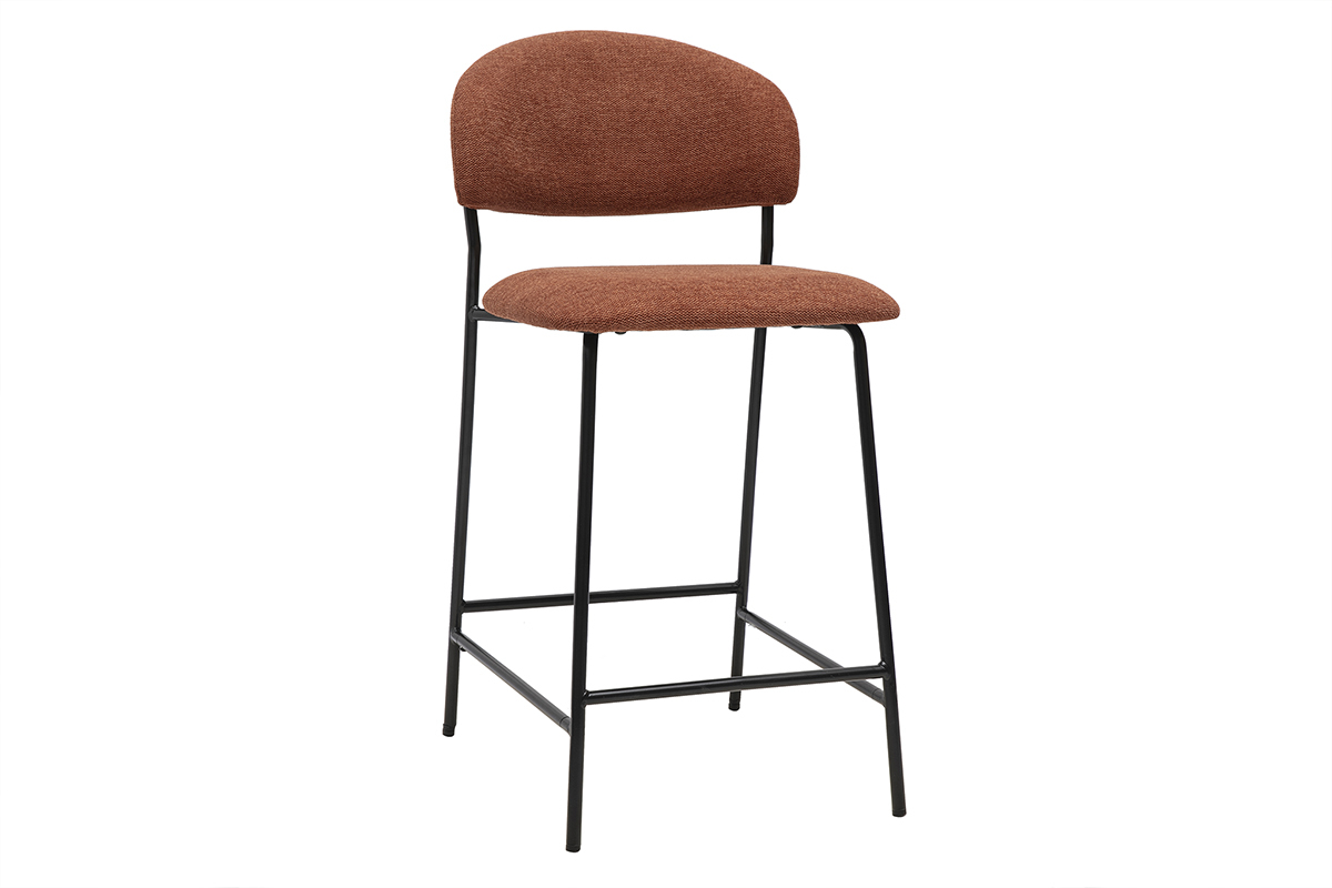 Tabouret de bar BENTA en tissu effet velours terre br�l�e, structure m�tallique noire.