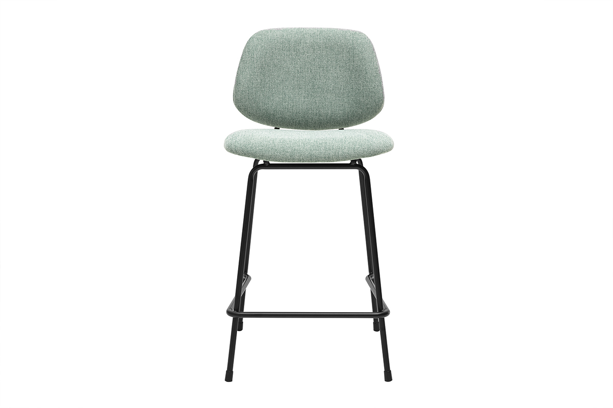 Tabouret de bar en tissu vert cladon et mtal noir, vue de face.