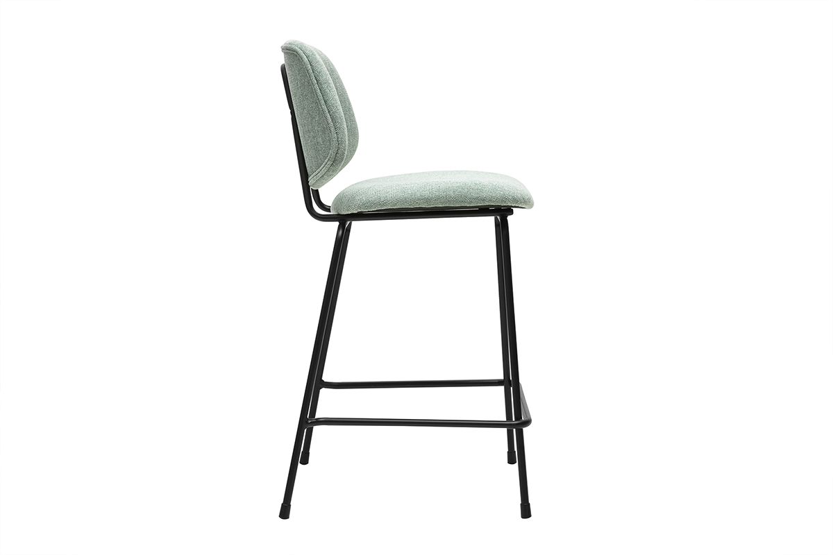 Tabouret de bar vert cladon en tissu et mtal, vue de ct.