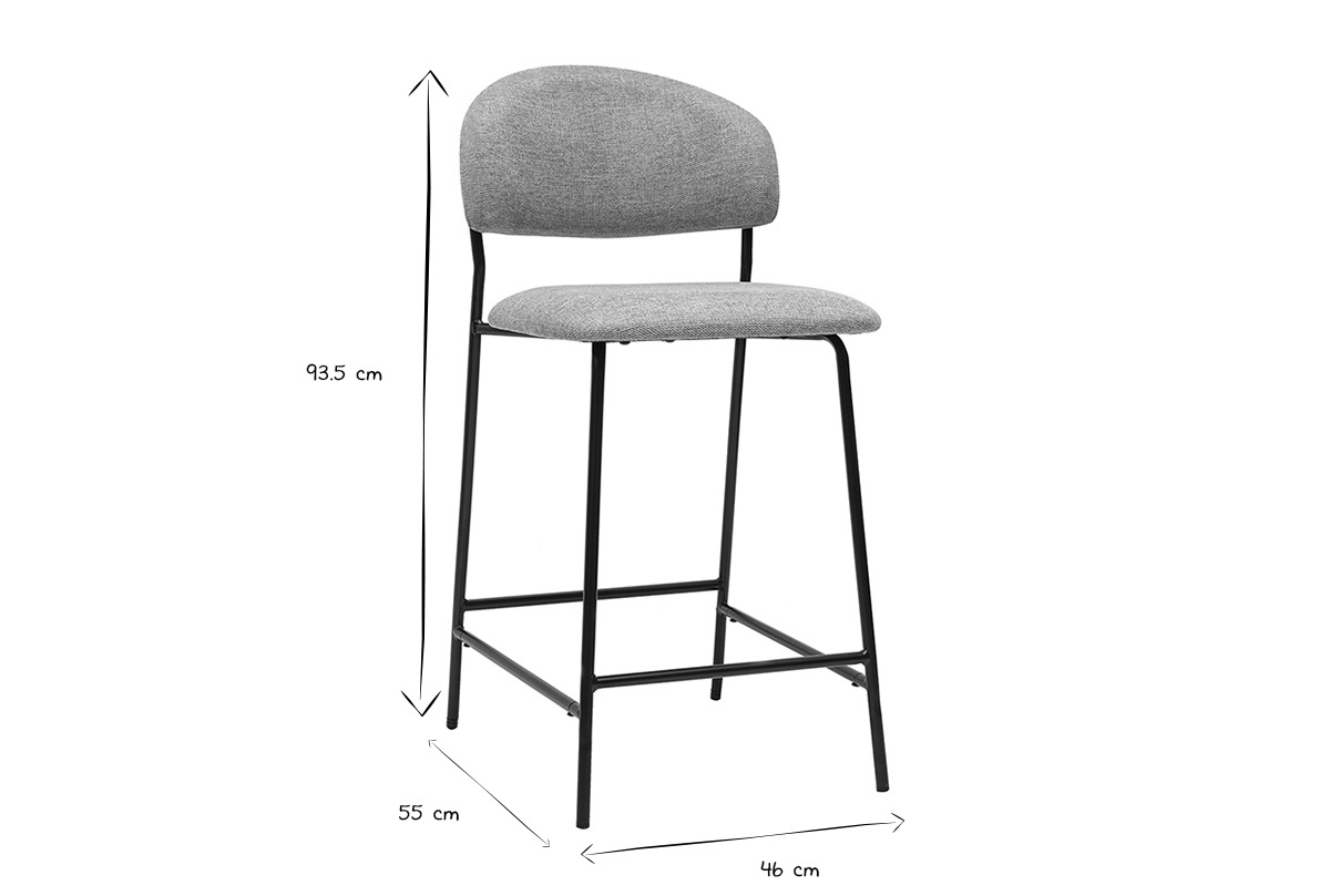 Dimensions d'un tabouret de bar en noir et blanc : 93,5 cm hauteur, 55 cm profondeur, 46 cm largeur.