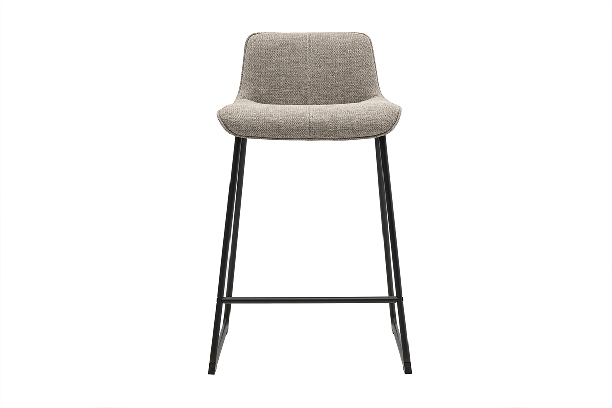 Tabouret de bar en tissu taupe et m�tal noir, vue de face.
