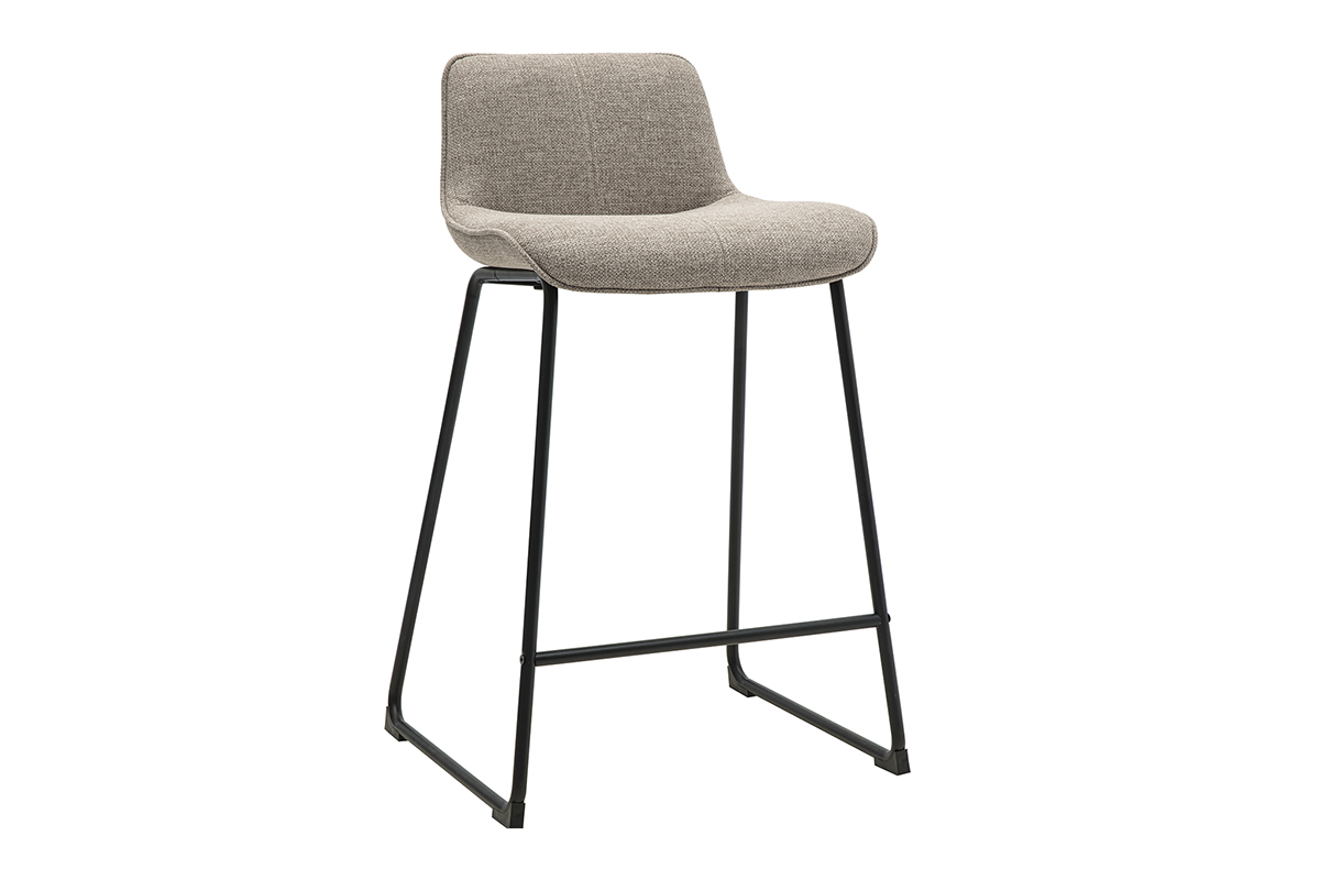 Tabouret de bar en tissu taupe, pi�tement m�tal noir, vue 3/4.