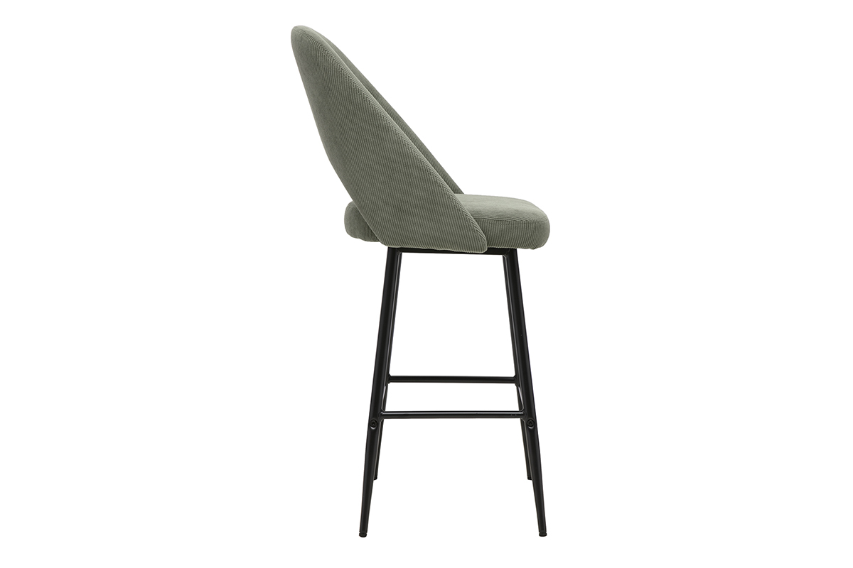 Tabouret de bar vert kaki en velours c�tel�, vue de c�t�.