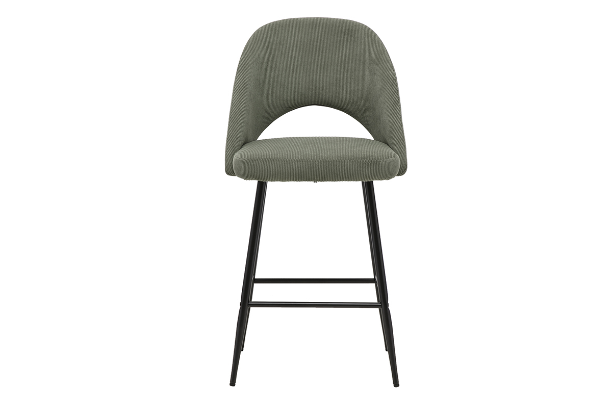 Tabouret de bar en velours c�tel� vert kaki avec pieds en m�tal noir, vue de face.