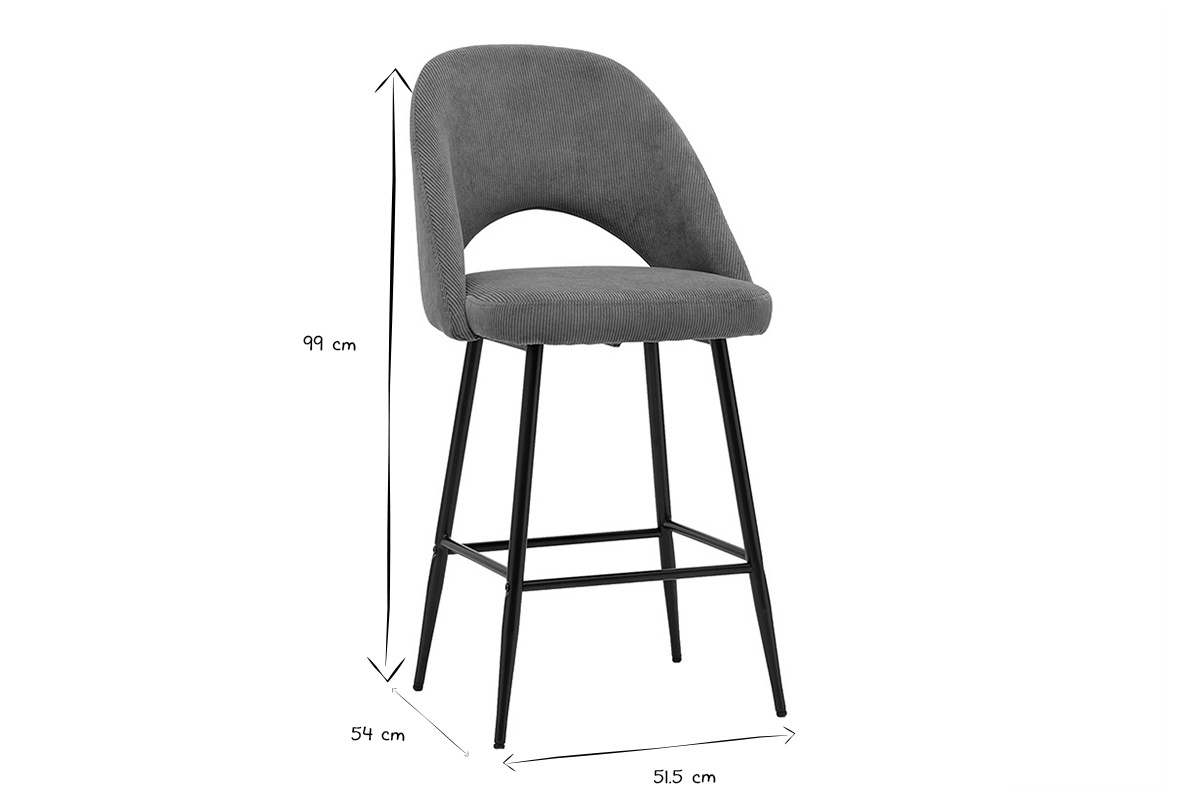 Dimensions en noir et blanc d'un tabouret de bar H65 cm, 99x54x51.5 cm.