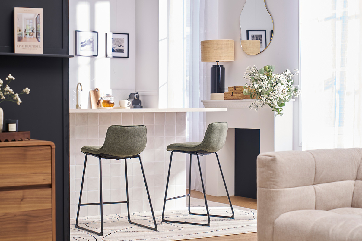 Tabourets de bar en tissu vert kaki et mtal H65 cm (lot de 2) BOOST