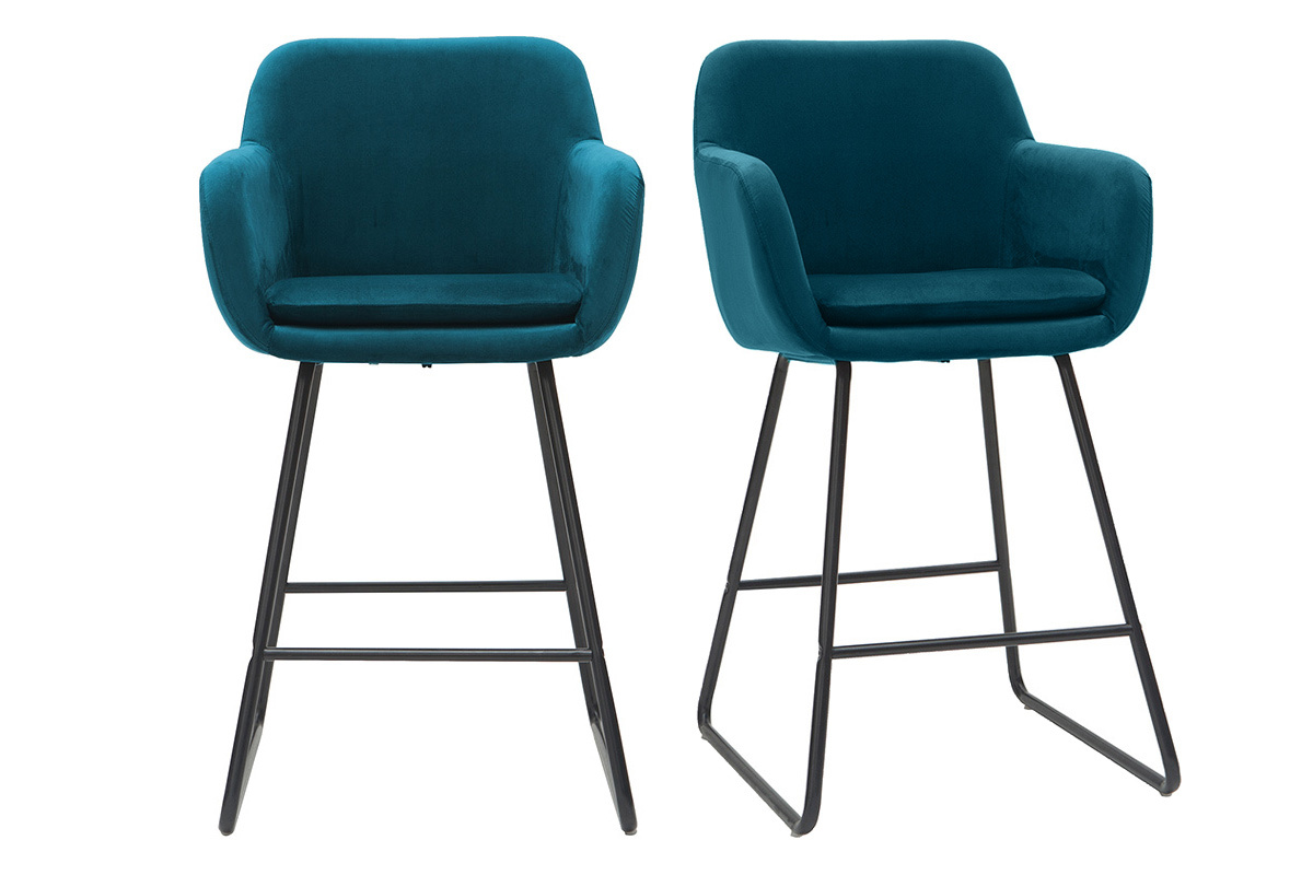 Tabourets de bar en velours bleu ptrole H65 cm (lot de 2) AMIKA