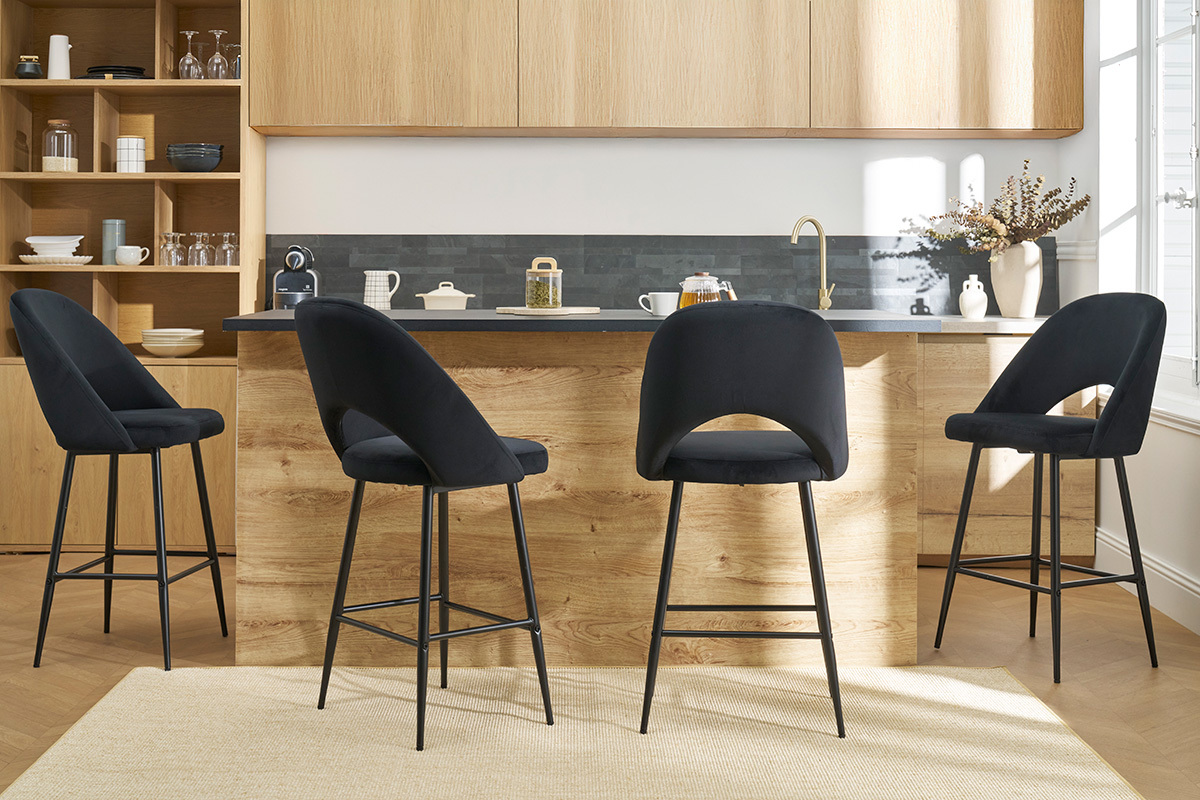 Tabourets de bar en velours noir et mtal H65 cm (lot de 2) COSETTE
