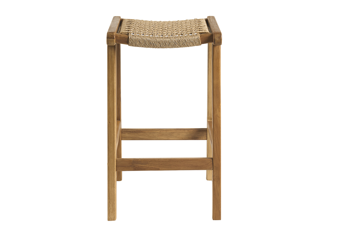 Tabouret de bar en bois de teck avec assise en rotin, vue de face.