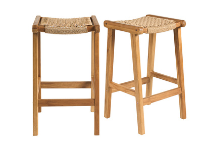 Tabourets de bar ethniques ext&eacute;rieur en bois teck massif et cannage rotin H65 cm (lot de 2) GAWA