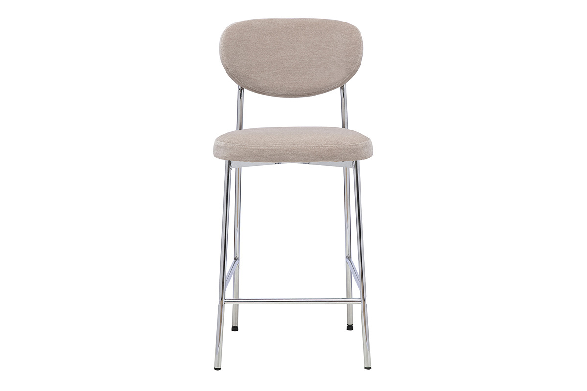 Tabouret de bar fixe en tissu velours taupe avec pi�tement en m�tal noir, vue de face.