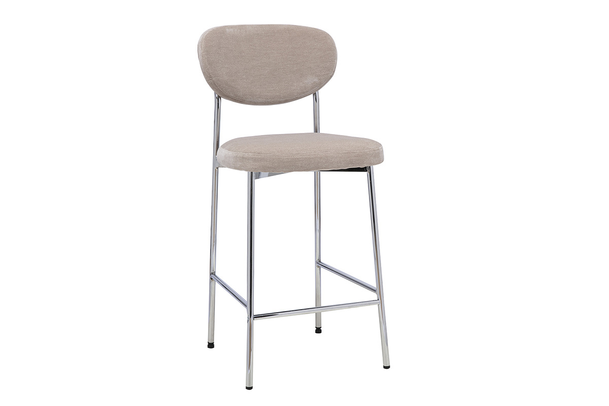 Tabouret de bar fixe en tissu effet velours taupe, vue de 3/4, H65 cm, pi�tement en m�tal noir.