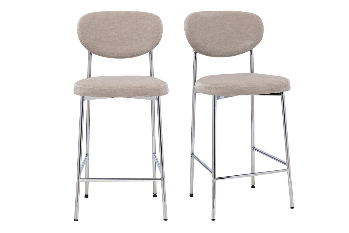 Lot de 2 tabourets de bar fixes en tissu effet velours taupe vue de face.