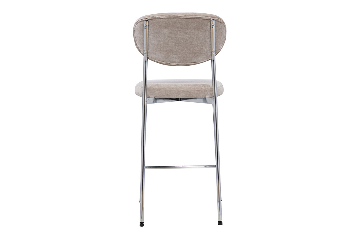 Tabouret de bar fixe BREKA en tissu effet velours taupe, vue arri�re, pi�tement m�tal noir.