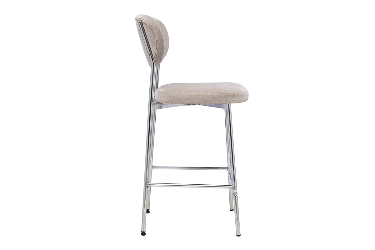 Tabouret de bar fixe en tissu effet velours taupe vue de profil, H65 cm et pi�tement m�tal noir.