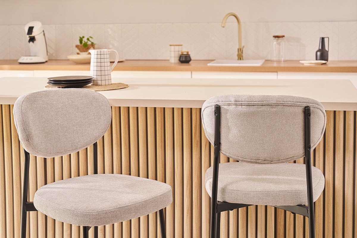 Tabourets de bar fixes en tissu effet velours textur beige H65 cm (lot de 2) BREKA