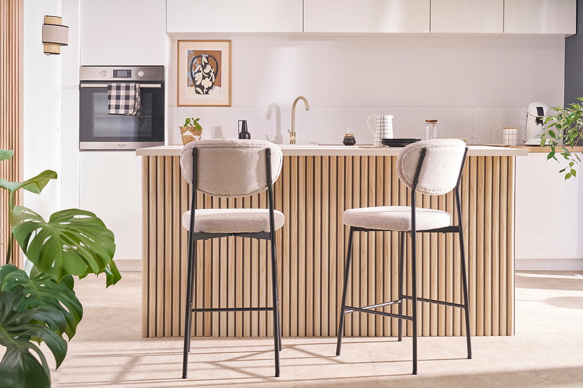 Tabourets de bar fixes en tissu effet velours textur beige H65 cm (lot de 2) BREKA