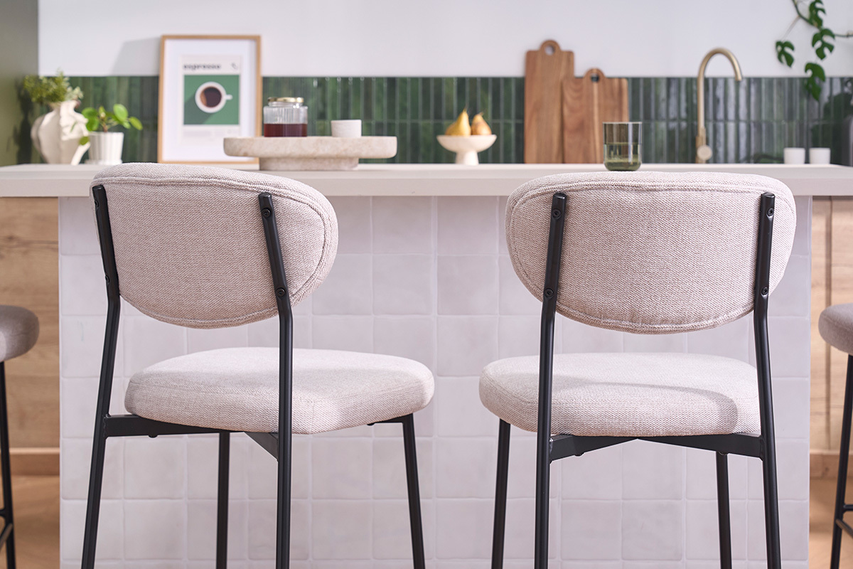 Tabourets de bar fixes en tissu effet velours textur� beige H65 cm (lot de 2) BREKA