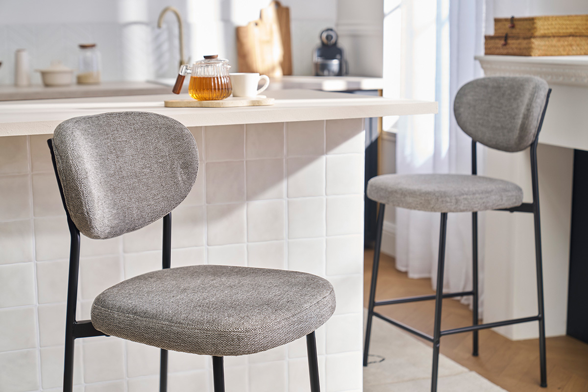 Tabourets de bar fixes en tissu effet velours textur gris clair H65 cm (lot de 2) BREKA