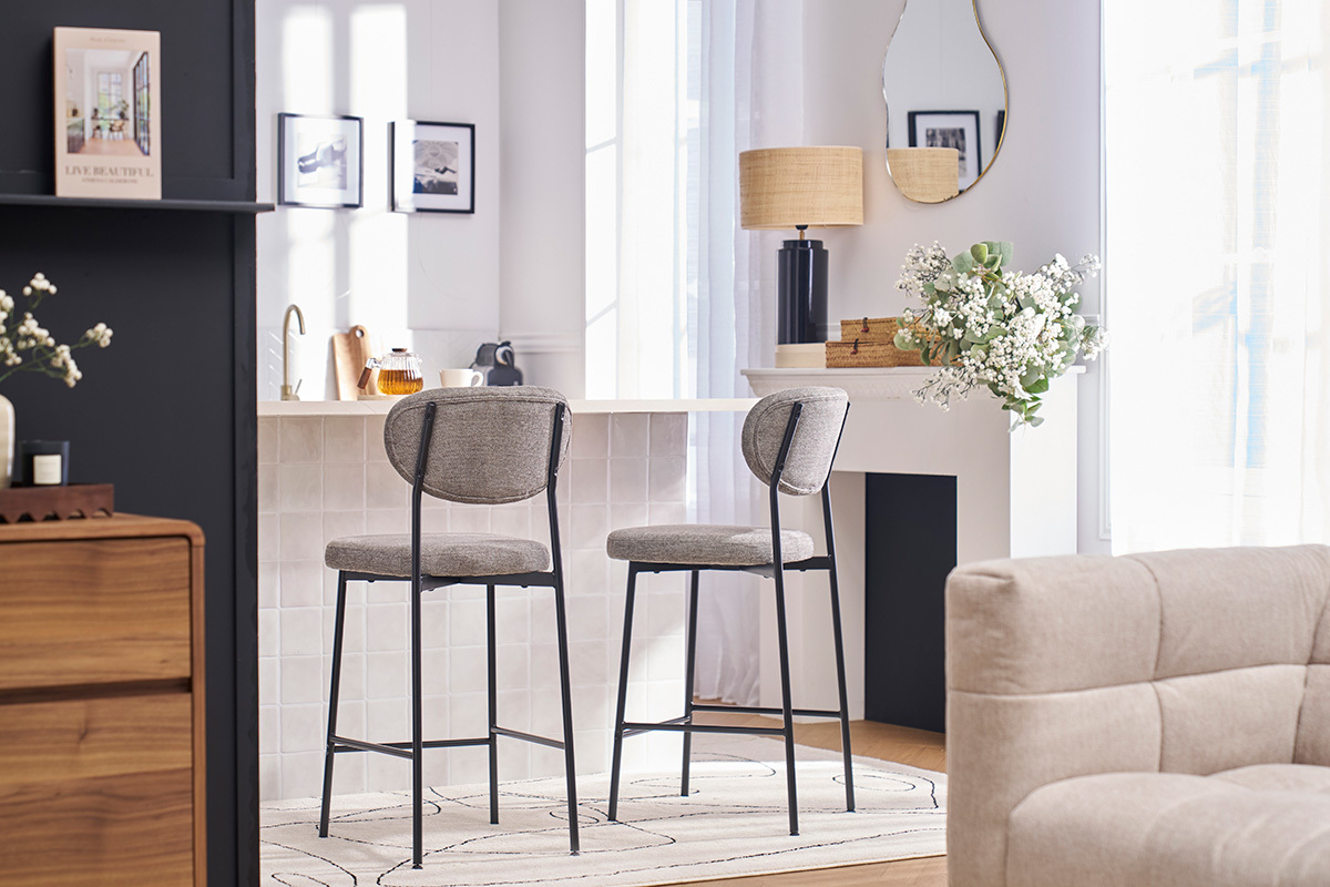 Tabourets de bar fixes en tissu effet velours textur gris clair H65 cm (lot de 2) BREKA