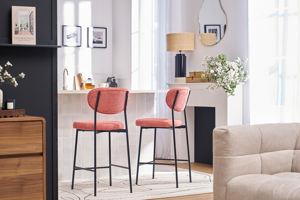 Tabourets de bar fixes en tissu effet velours textur terracotta H65 cm (lot de 2) BREKA