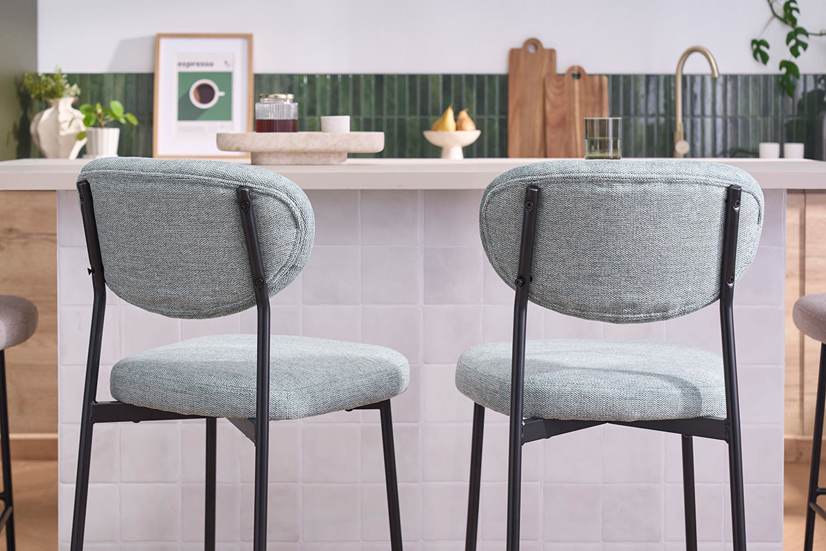 Tabourets de bar fixes en tissu effet velours textur� vert c�ladon H65 cm (lot de 2) BREKA