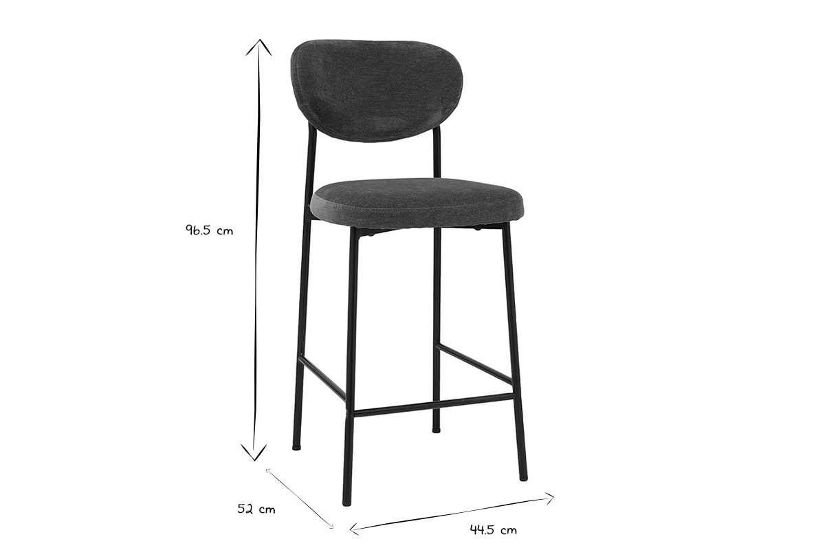 Dimensions de tabourets de bar BREKA H96,5 cm, L44,5 cm, P52 cm en noir et blanc.