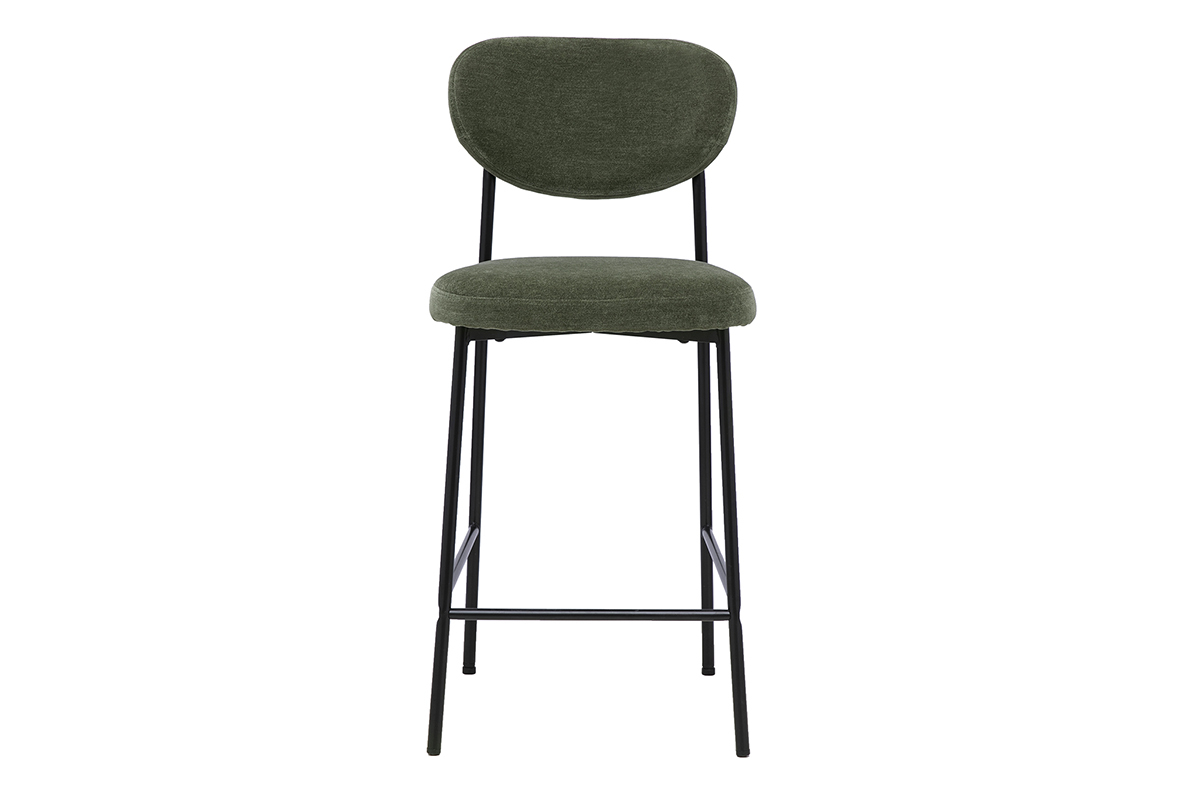Tabouret de bar fixe en tissu velours vert kaki avec pi�tement en m�tal noir, vue de face.