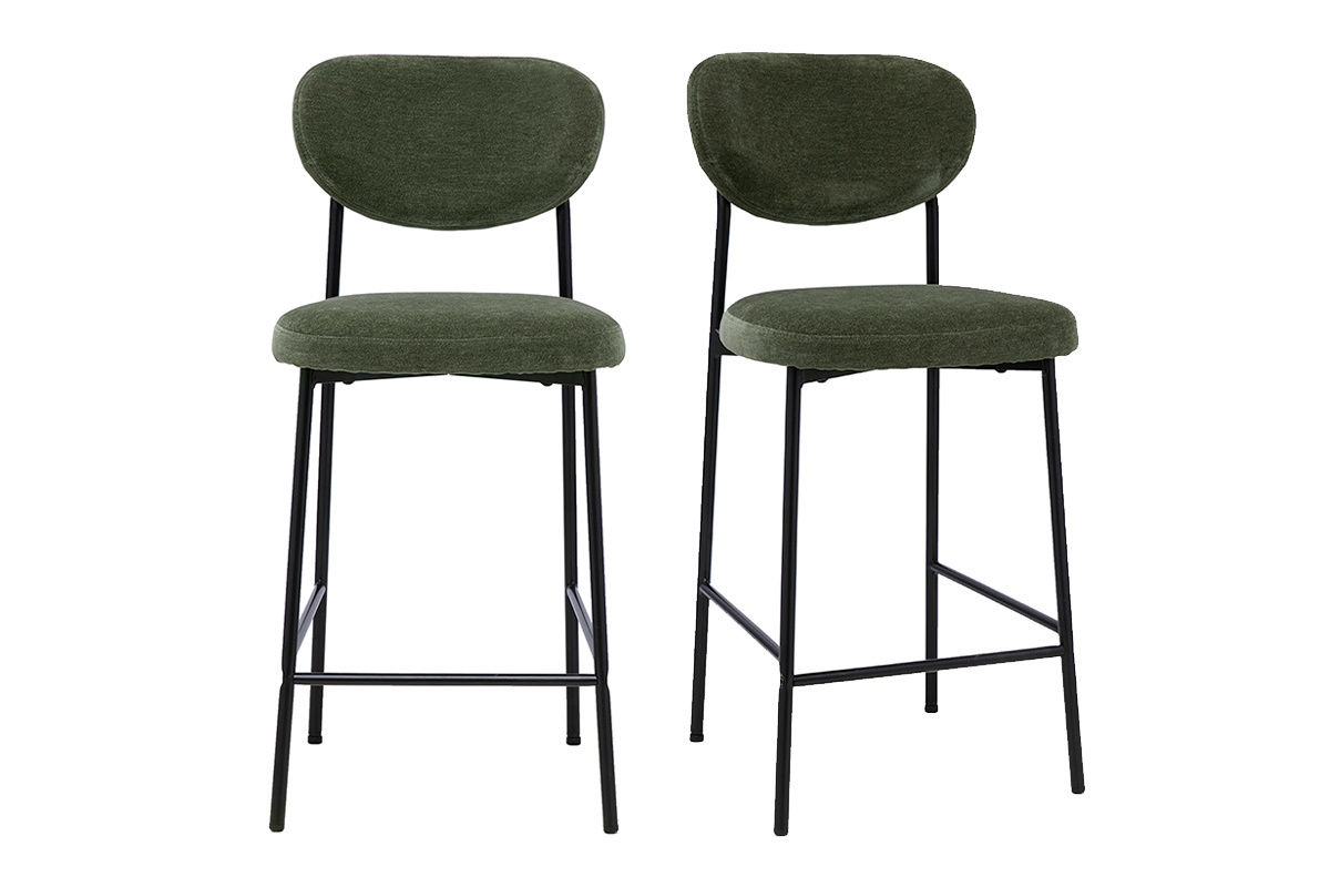 Lot de 2 tabourets de bar fixes en tissu effet velours vert kaki et pi�tement m�tal noir, H65 cm