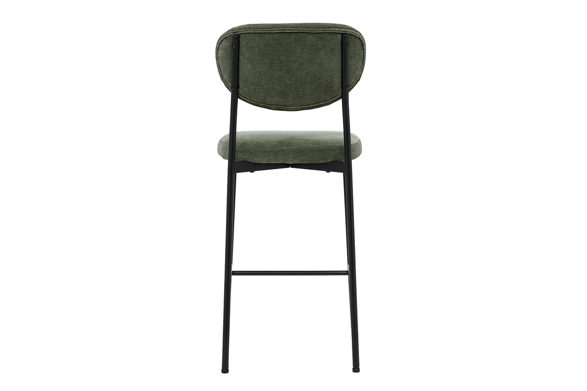 Tabouret de bar fixe en tissu effet velours vert kaki vue de dos avec pi�tement en m�tal noir