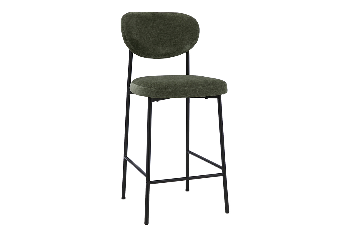 Tabouret de bar fixe en tissu velours vert kaki et m�tal noir, H65 cm, vue de 3/4.