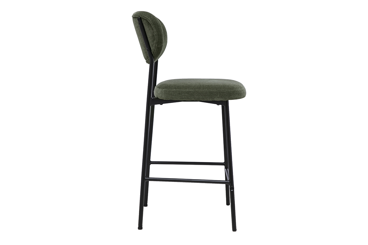 Tabouret de bar fixe en tissu velours vert kaki, vue de c�t�, pi�tement en m�tal noir.