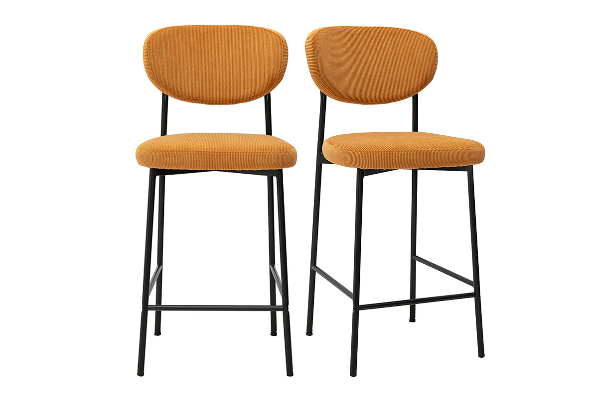 Tabourets de bar fixes en tissu velours c�tel� jaune curry H65 cm (lot de 2) BREKA